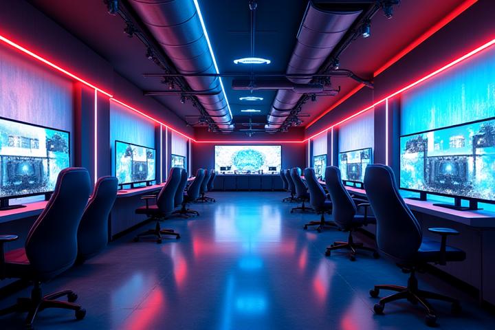 Nehir VIP'in iç mekanından, modern oyun istasyonlarını ve geniş alanı gösteren bir fotoğraf