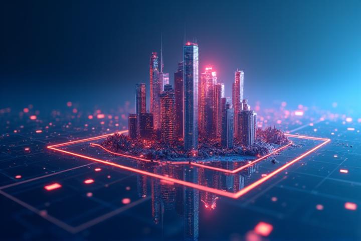 Nehir VIP'in gelecek vizyonunu temsilen holografik arayüzde yükselen bir şehir silüeti ve oyun simgeleri