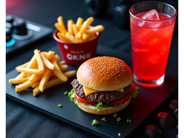 Lezzetli gurme burger, patates kızartması ve özel içecekler
