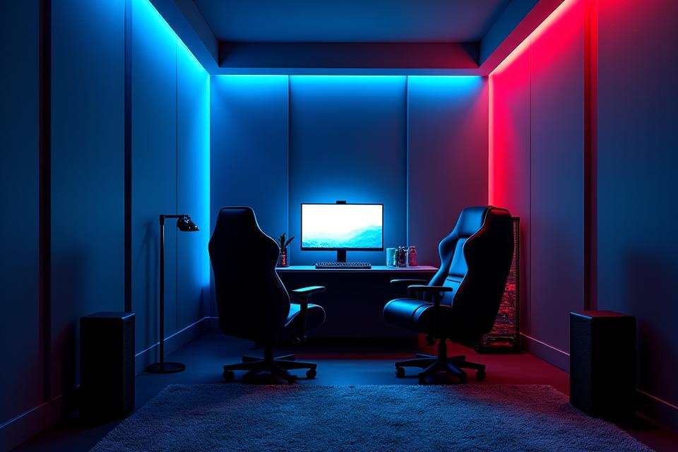 Lüks ve modern tasarımlı özel oyun odası, konforlu koltuklar ve RGB aydınlatmalı PC