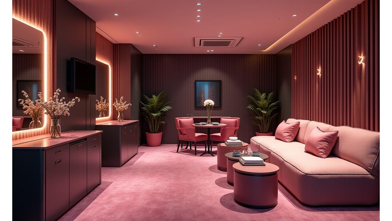 Nehir VIP'in kadınlar için ayrılmış, özenle tasarlanmış özel bir dinlenme veya oyun odası. Şık, temiz ve mor-pembe neon aydınlatmalarla vurgulanmış.