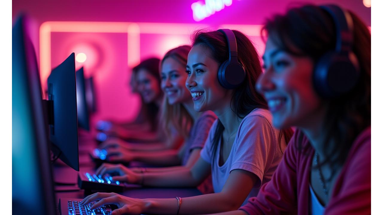 Nehir VIP'te kadın oyuncularla dolu, neşeli bir oyun etkinliği sahnesi. Renkli ışıklar altında PC ve konsol oynayan kadınlar.