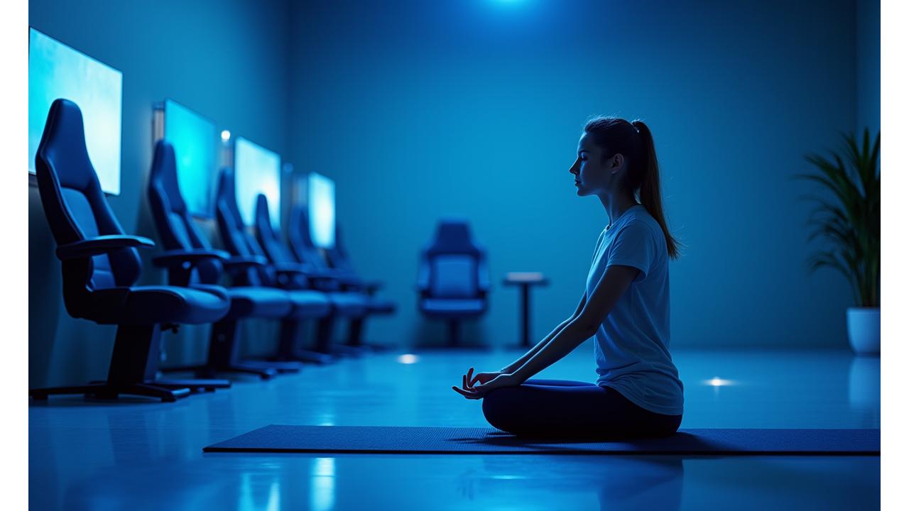 Nehir VIP'in rahatlatıcı bir odasında yoga veya esneme hareketleri yapan bir kadın gamer. Arka planda ergonomik bir oyun koltuğu ve düşük ışıkta yanan neon renkli oyun ekipmanları.