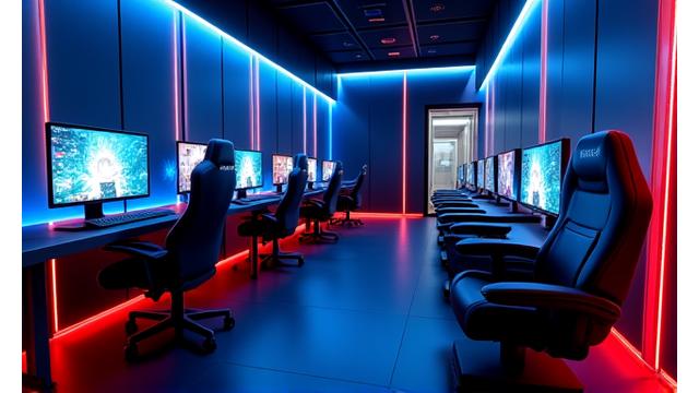 Lüks bir VIP oyun salonu, neon ışıklandırmalı rahat koltuklar ve yüksek performanslı oyun istasyonları